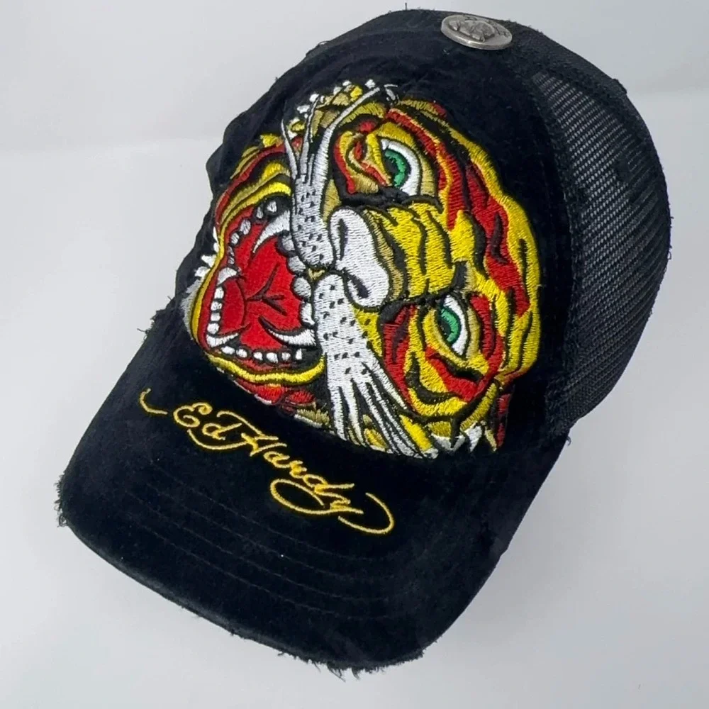 VTG Y2K Ed Hardy Trucker Hat Embroidered Tattoo Tiger Head Black Mesh Snapback - Picture 7 of 13
